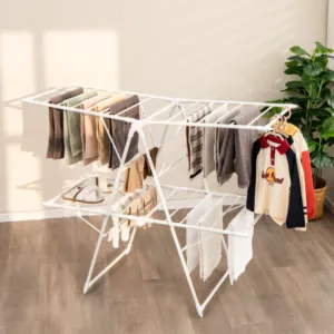 2-Level Foldable Clothes Drying Rack with Height-Adjustable Gullwings-White