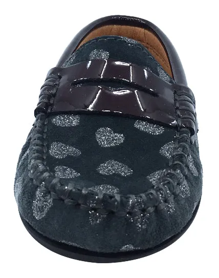 Atlanta Mocassin Girl's Suede and Patent Heart Print Penny Loafers, Grey Suede/Burgundy Patent