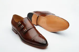 Bespoke Brown Leather Three Monk Strap Cap Toe Shoes