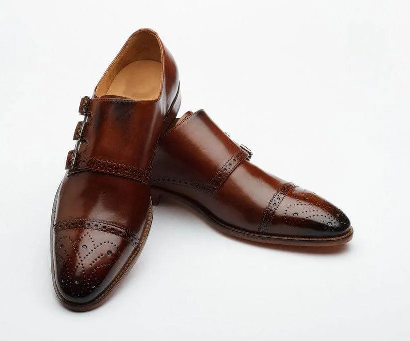 Bespoke Brown Leather Three Monk Strap Cap Toe Shoes