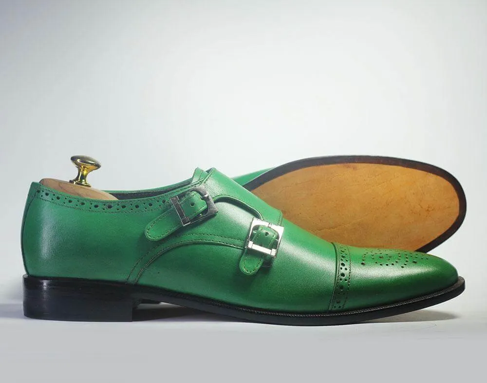 Bespoke Green Leather Double Monk Strap Shoe for Men