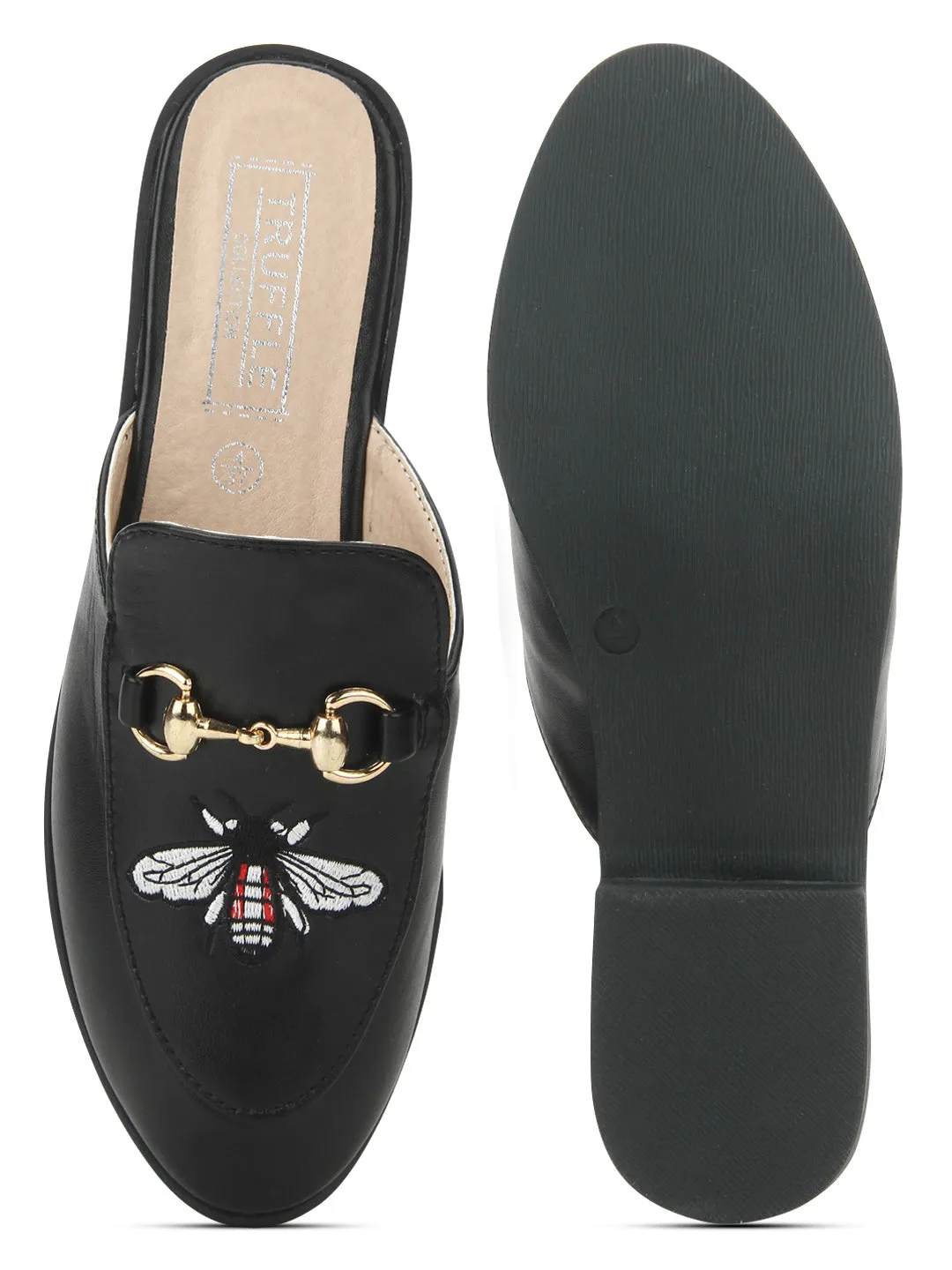 Black Pu Bee Detailed Open Back Flat Loafers