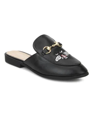 Black Pu Bee Detailed Open Back Flat Loafers