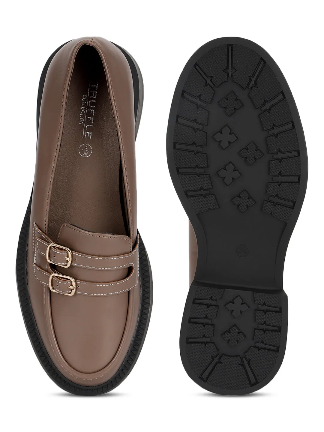 Brown PU Double Buckle Slip-On Heel Loafers (TC-RS3588-BRO)