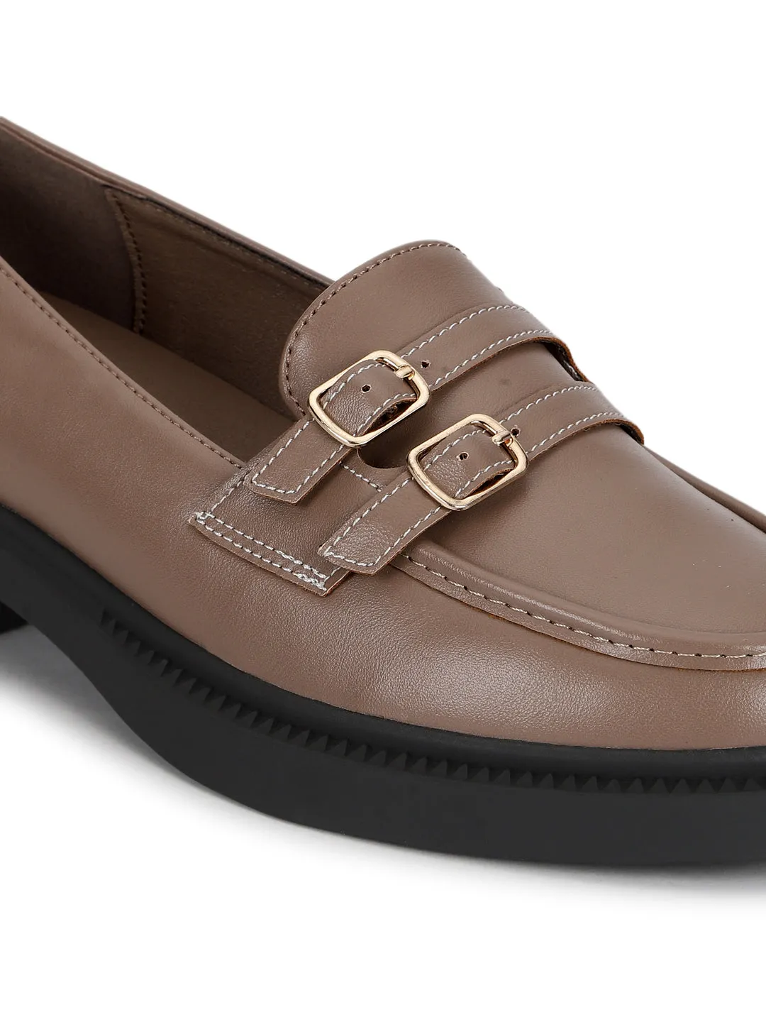 Brown PU Double Buckle Slip-On Heel Loafers (TC-RS3588-BRO)