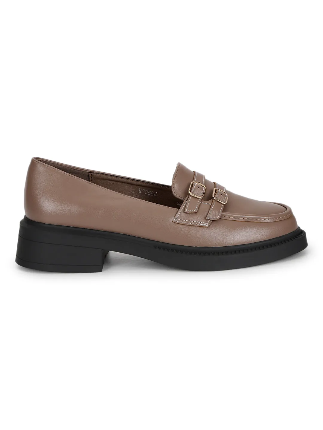 Brown PU Double Buckle Slip-On Heel Loafers (TC-RS3588-BRO)