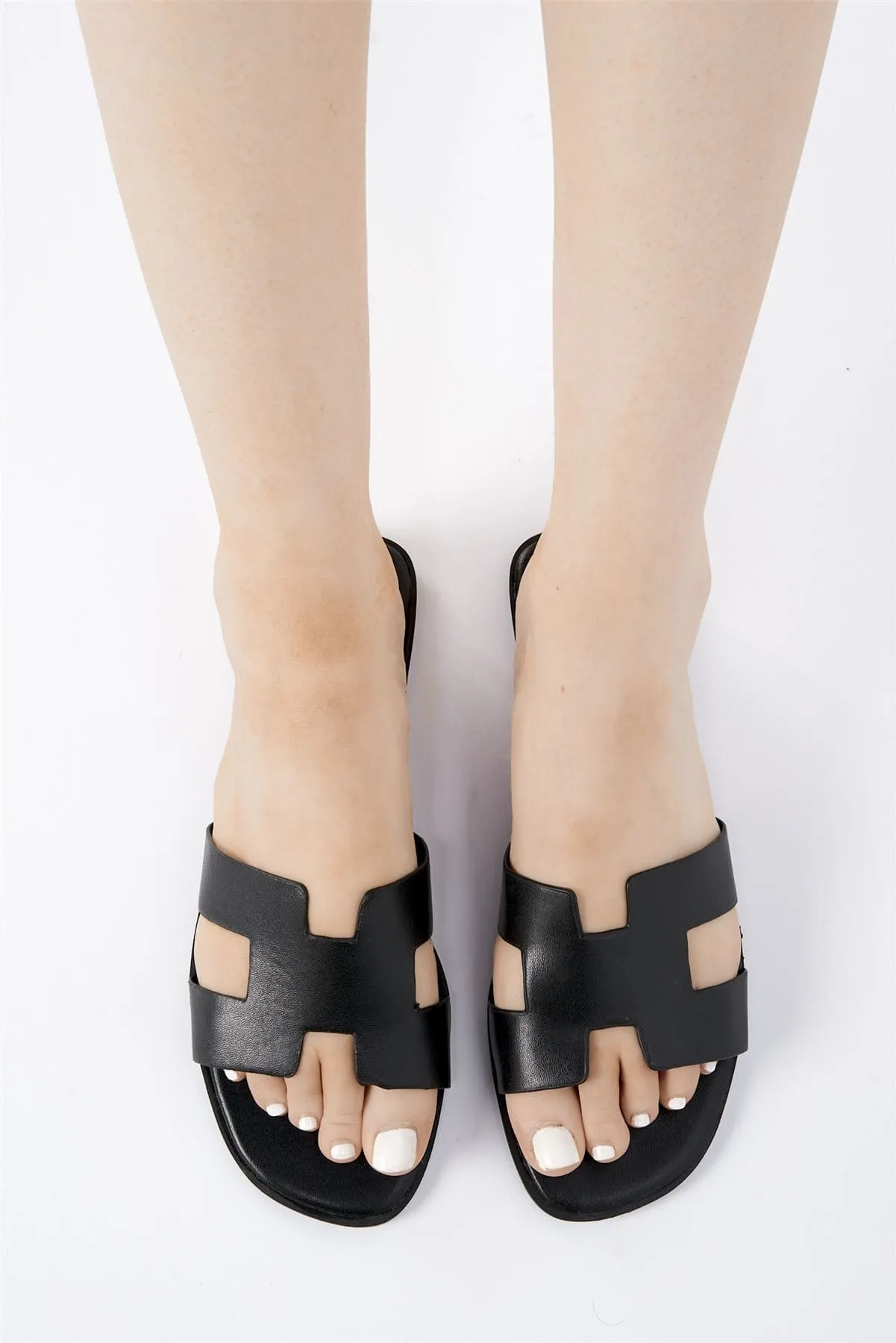 California Faux Leather Open Toe Flat Slider in Black