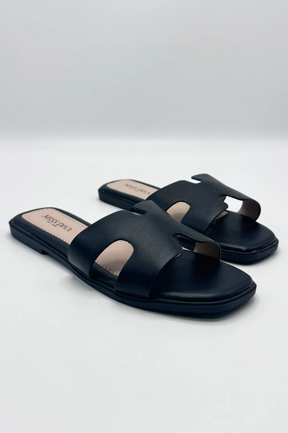 California Faux Leather Open Toe Flat Slider in Black