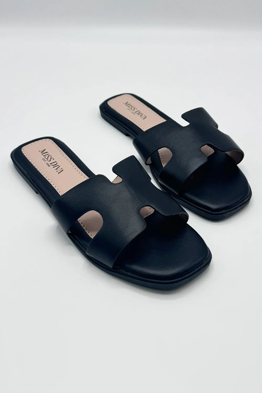 California Faux Leather Open Toe Flat Slider in Black