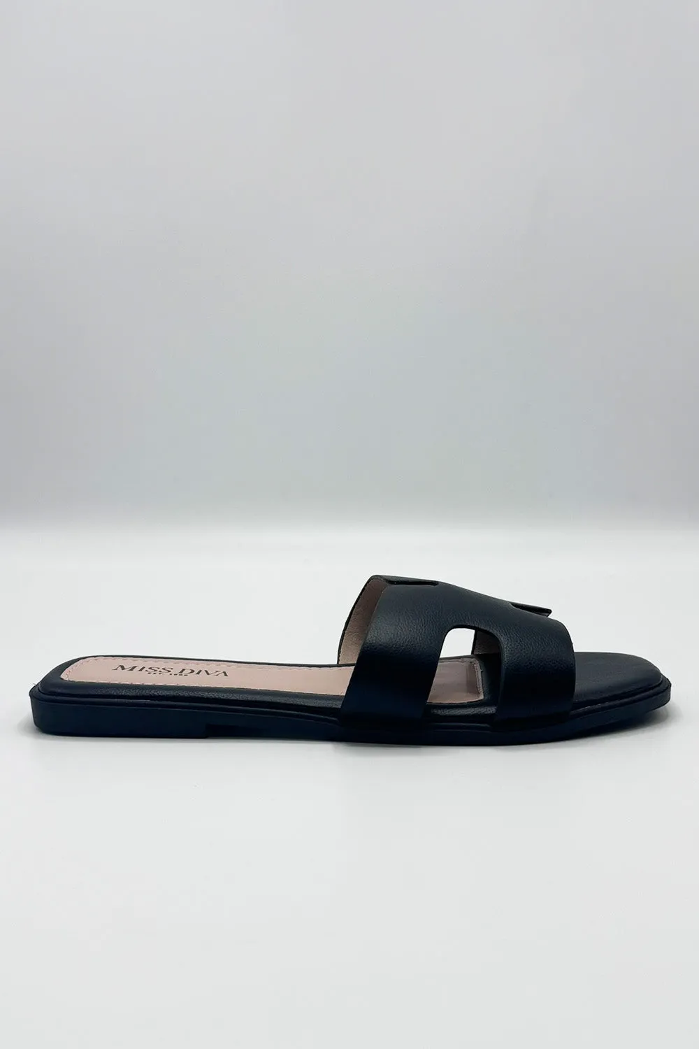 California Faux Leather Open Toe Flat Slider in Black