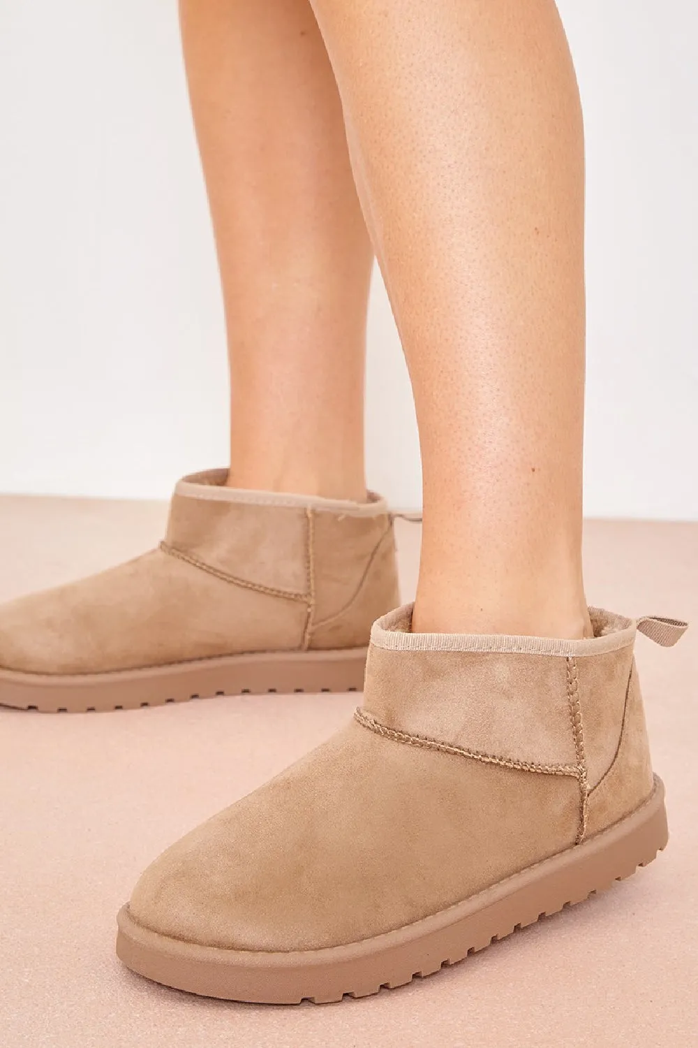 CAMEL FAUX SUEDE ULTRA MINI COZY SNOW ANKLE BOOTS