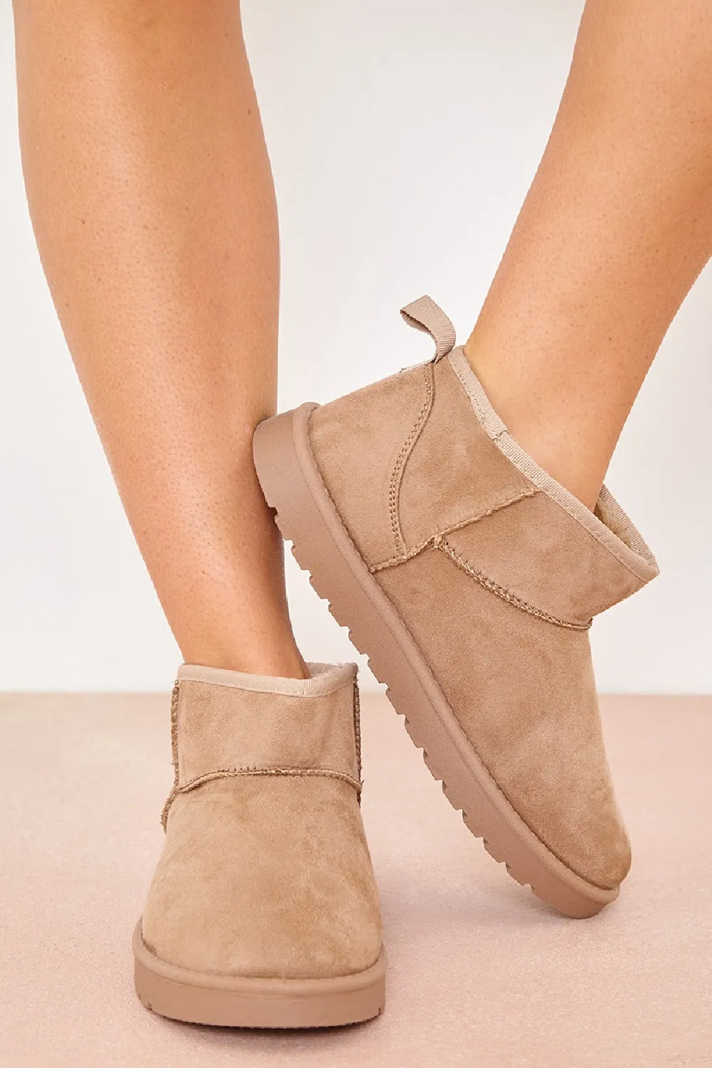 CAMEL FAUX SUEDE ULTRA MINI COZY SNOW ANKLE BOOTS