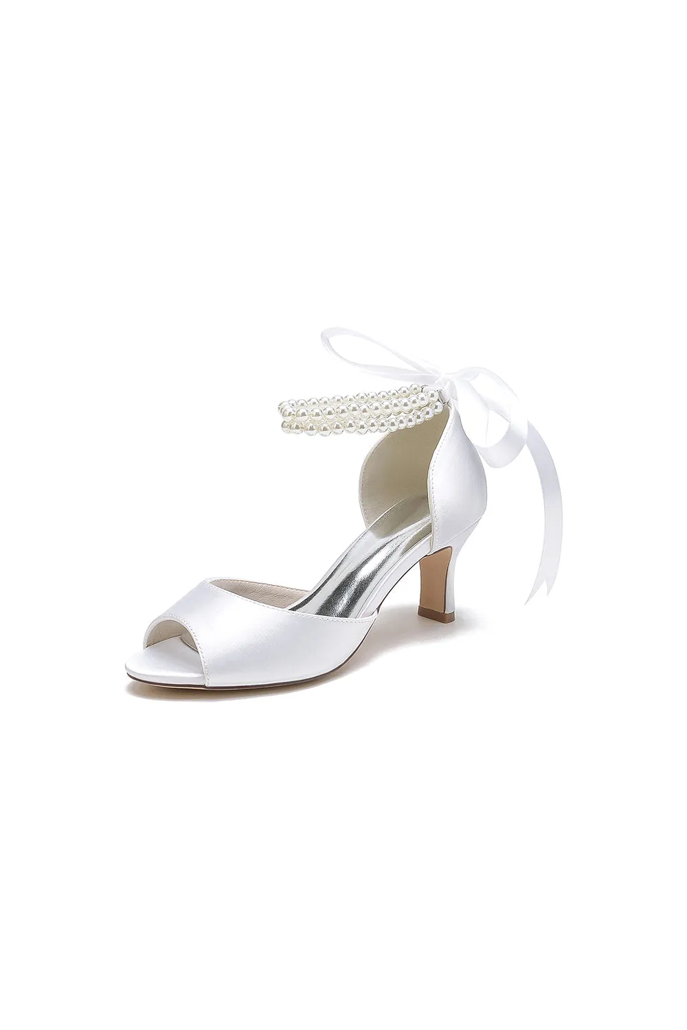 Chic White Satin Heels Featuring a Pearl-Embellished Bow