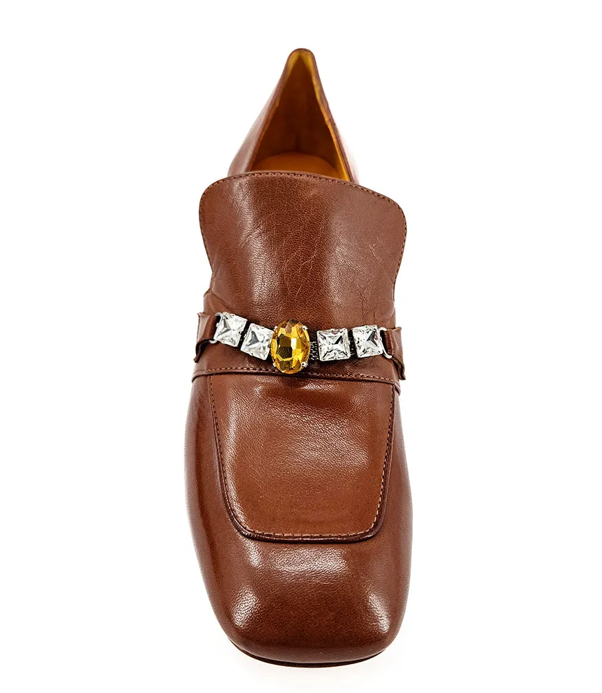 Cognac Leather Mid Heel Jeweled Loafer