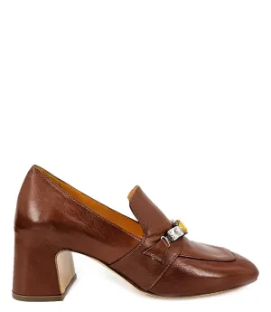 Cognac Leather Mid Heel Jeweled Loafer