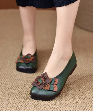 Comfortable Green Cowhide Leather Floral Splicing Flat Shoes