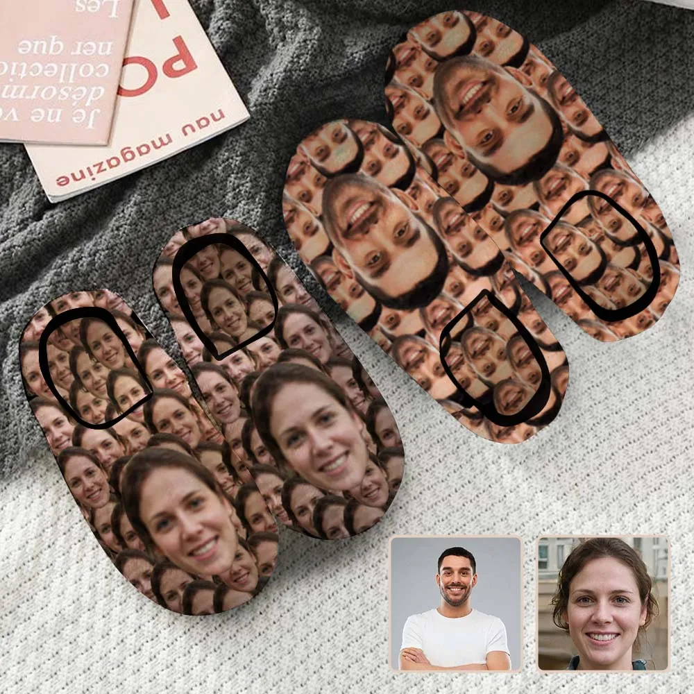 Couple Gift Seamless Custom Face Photo All Over Print Personalized Non-Slip Cotton Slippers For Girlfriend Boyfriend