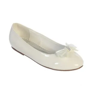 Girls Ivory Leather Satin Rhinestone Center Bow Accent Patent Flats 5 Kids