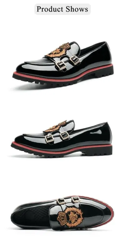 Glossy Black Buckle British Motif Shoes with Gold Embroidery