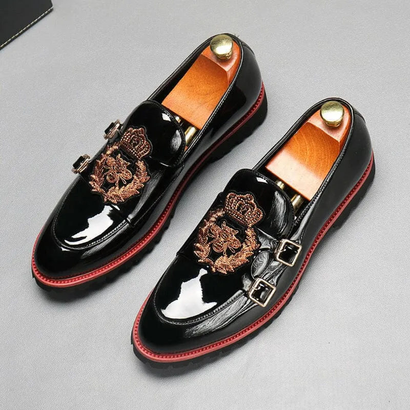 Glossy Black Buckle British Motif Shoes with Gold Embroidery