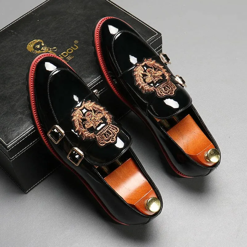 Glossy Black Buckle British Motif Shoes with Gold Embroidery