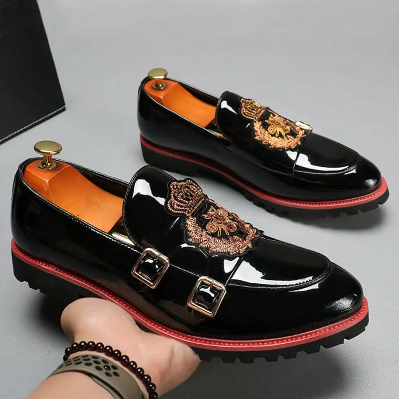 Glossy Black Buckle British Motif Shoes with Gold Embroidery