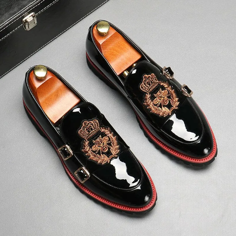 Glossy Black Buckle British Motif Shoes with Gold Embroidery