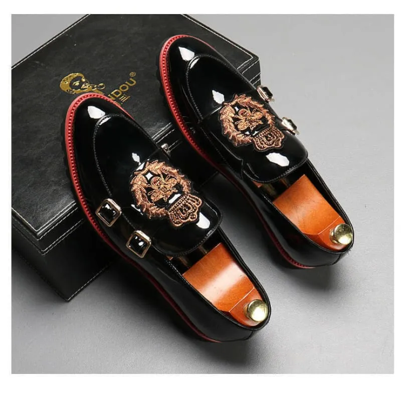 Glossy Black Buckle British Motif Shoes with Gold Embroidery