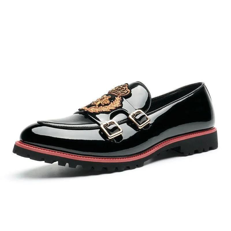 Glossy Black Buckle British Motif Shoes with Gold Embroidery