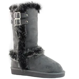 Grey Furry Shearling Faux Suede Buckle Mid-calf Boots Vegan