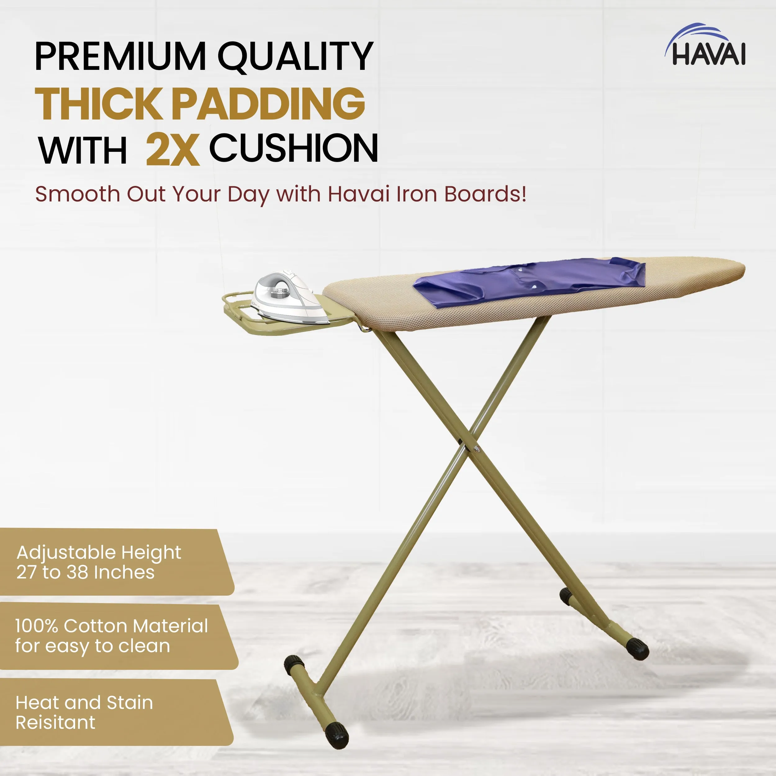 HAVAI Golden Iron Table for Ironing Clothes | 3X Padding, Surface (97 x 34cm) | Anti-Slip Feet, Heat-Resistant, Sturdy 3-Leg Design, Iron Rest with Silicon Stopper | Space-Saving Ironing Board