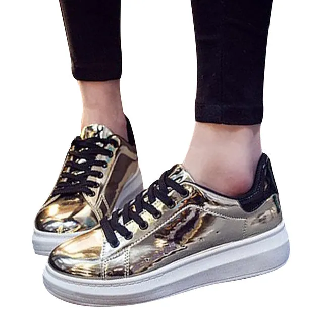 HEE GRAND Patent Leather Creepers Platform Shoes Woman 2017 Casual Loafers Gold Silver Flats Lace-Up Women Shoes XWC1010