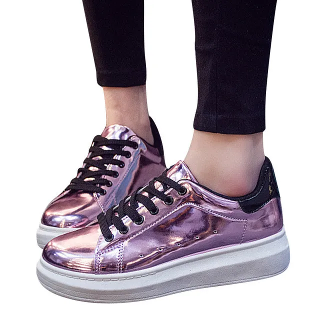 HEE GRAND Patent Leather Creepers Platform Shoes Woman 2017 Casual Loafers Gold Silver Flats Lace-Up Women Shoes XWC1010