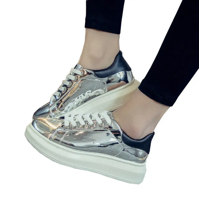 HEE GRAND Patent Leather Creepers Platform Shoes Woman 2017 Casual Loafers Gold Silver Flats Lace-Up Women Shoes XWC1010