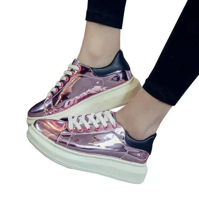 HEE GRAND Patent Leather Creepers Platform Shoes Woman 2017 Casual Loafers Gold Silver Flats Lace-Up Women Shoes XWC1010