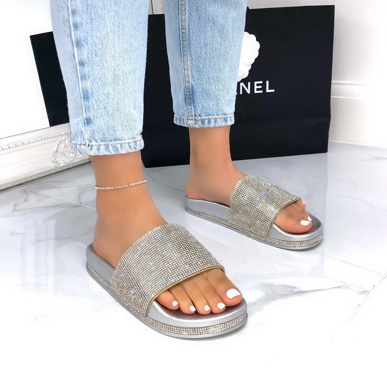 Jade- Silver Diamante Sole Slider Sandal