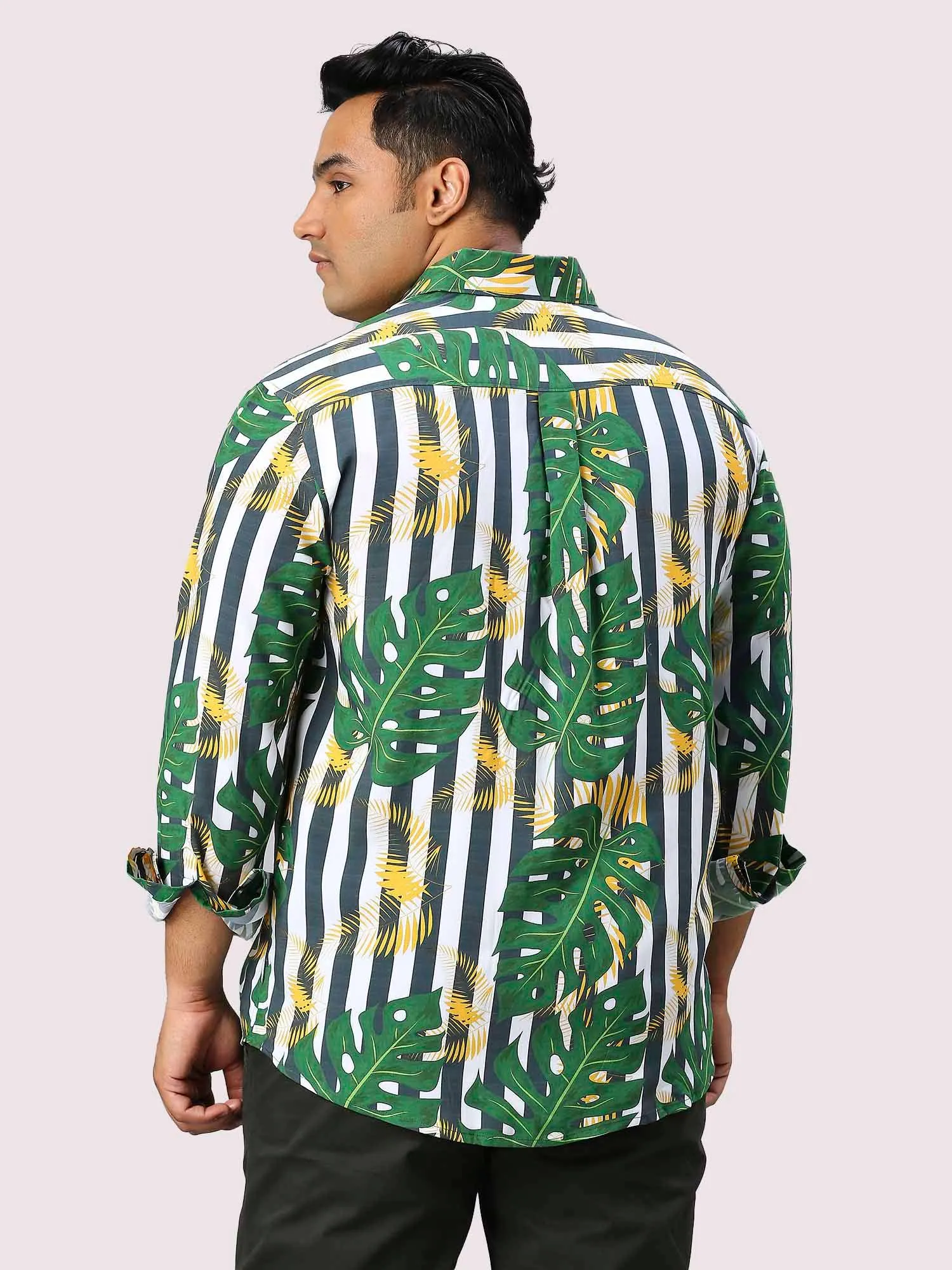 Leaf Stripe Digital Printed Full Sleeve Men's Plus Size Shirt