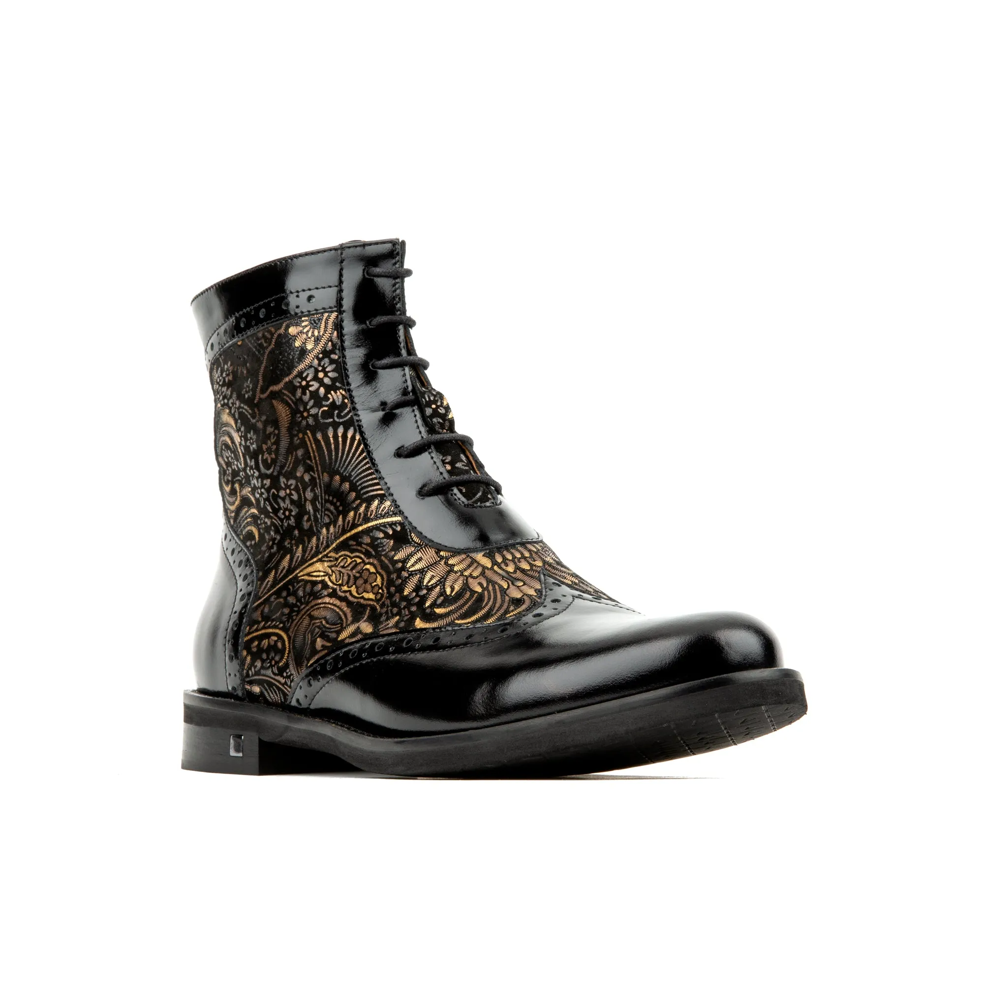 Mantis - Black Gold - Women's higher ankle oxford boot with wingtip and broguing