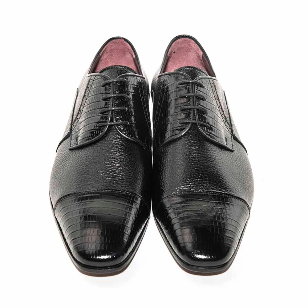 Mario Manzoni Black Genuine Deer Skin & Lizard Print Oxford Shoes