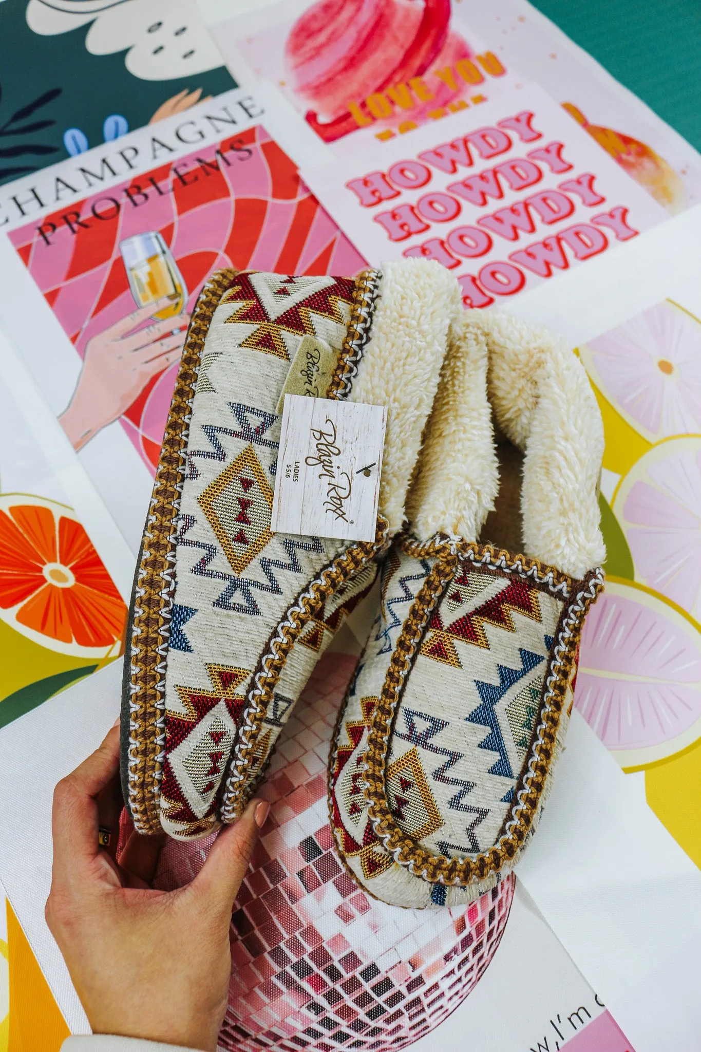 Nora Cream Blue Aztec Slippers