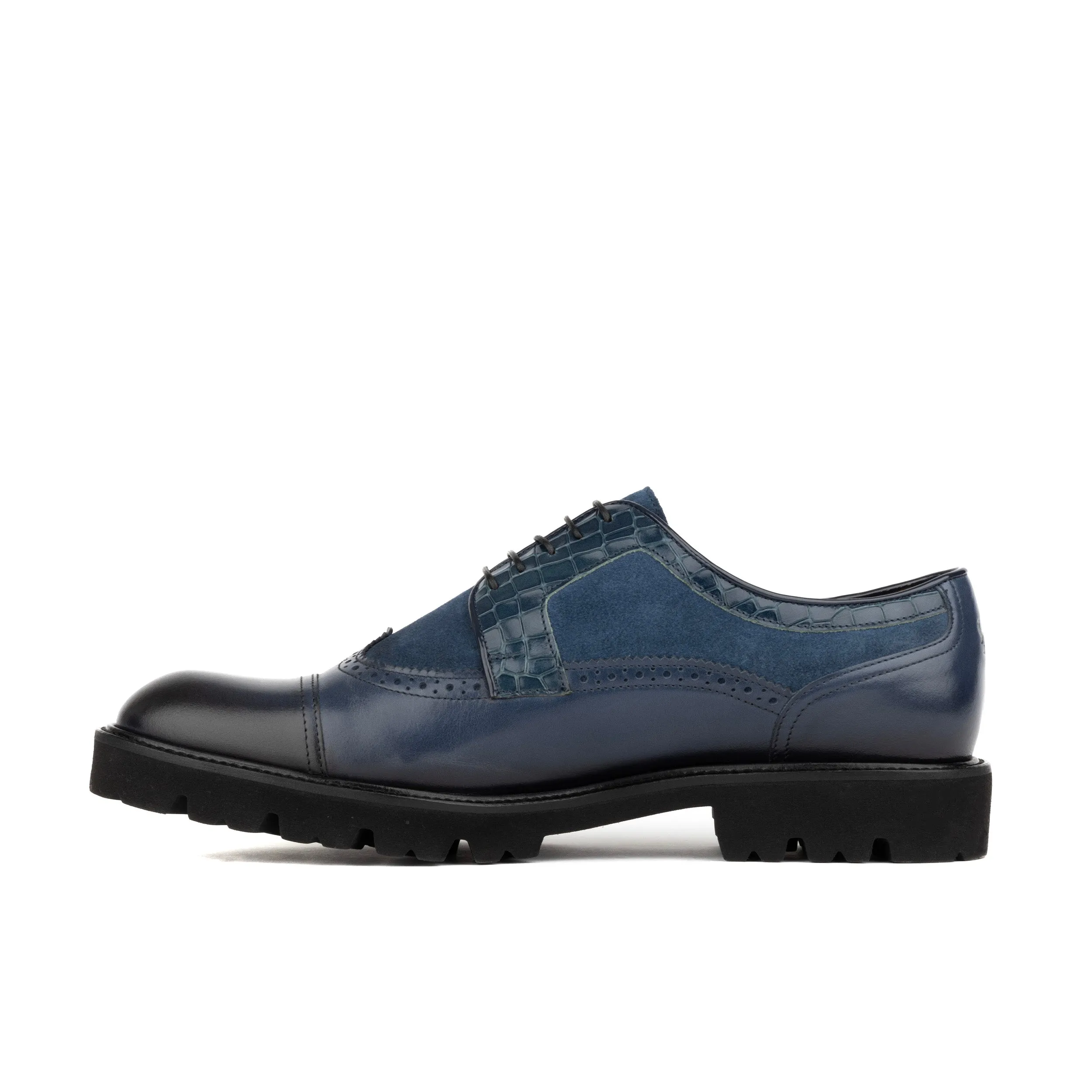 Resident - Navy Blue - Men's chunky sole toe cap leather shoe in nubuck & leather