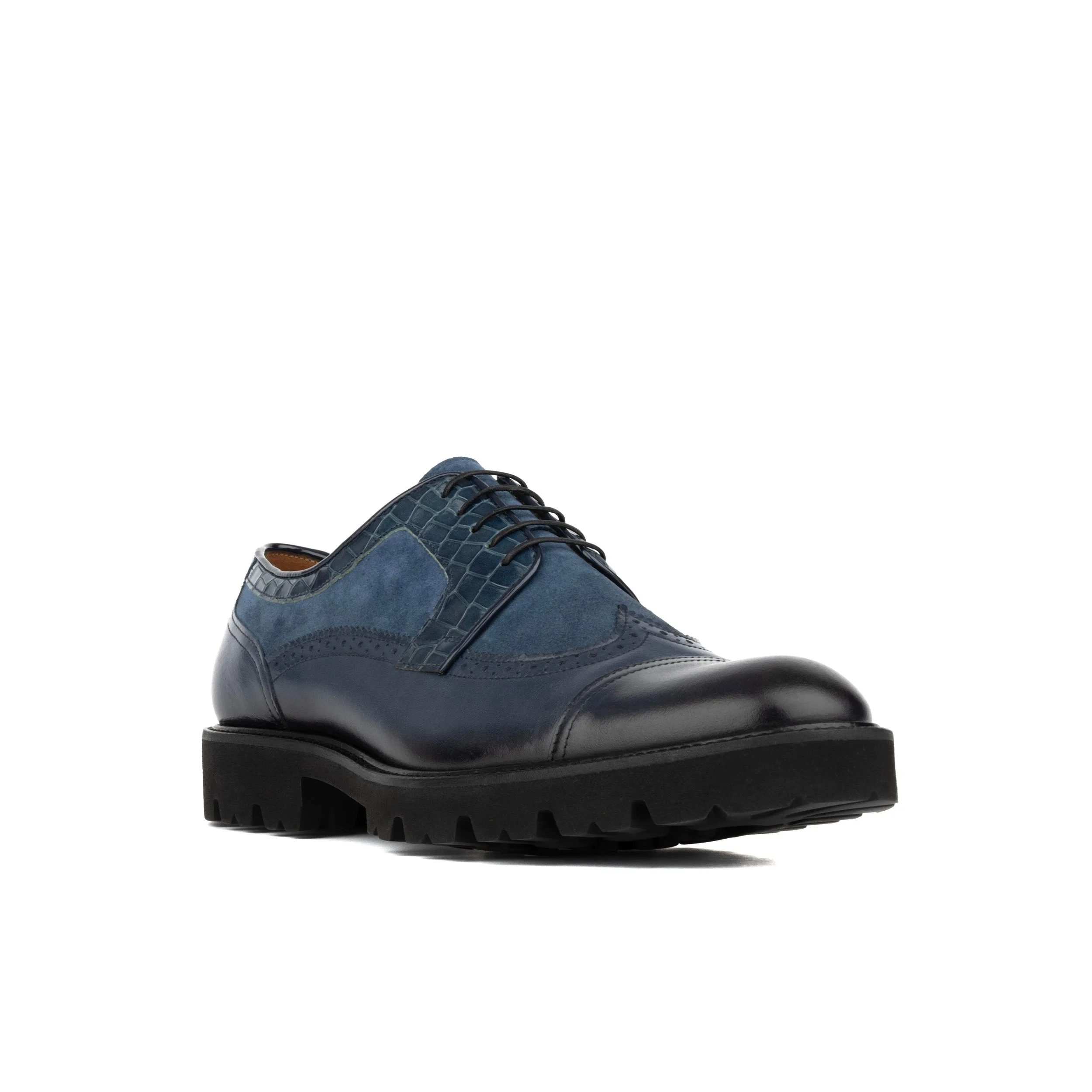 Resident - Navy Blue - Men's chunky sole toe cap leather shoe in nubuck & leather