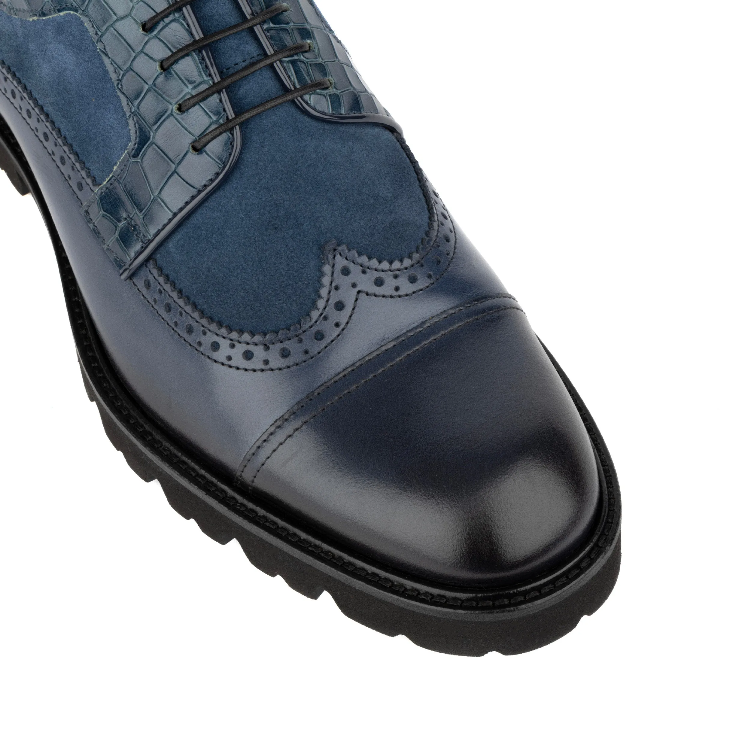 Resident - Navy Blue - Men's chunky sole toe cap leather shoe in nubuck & leather