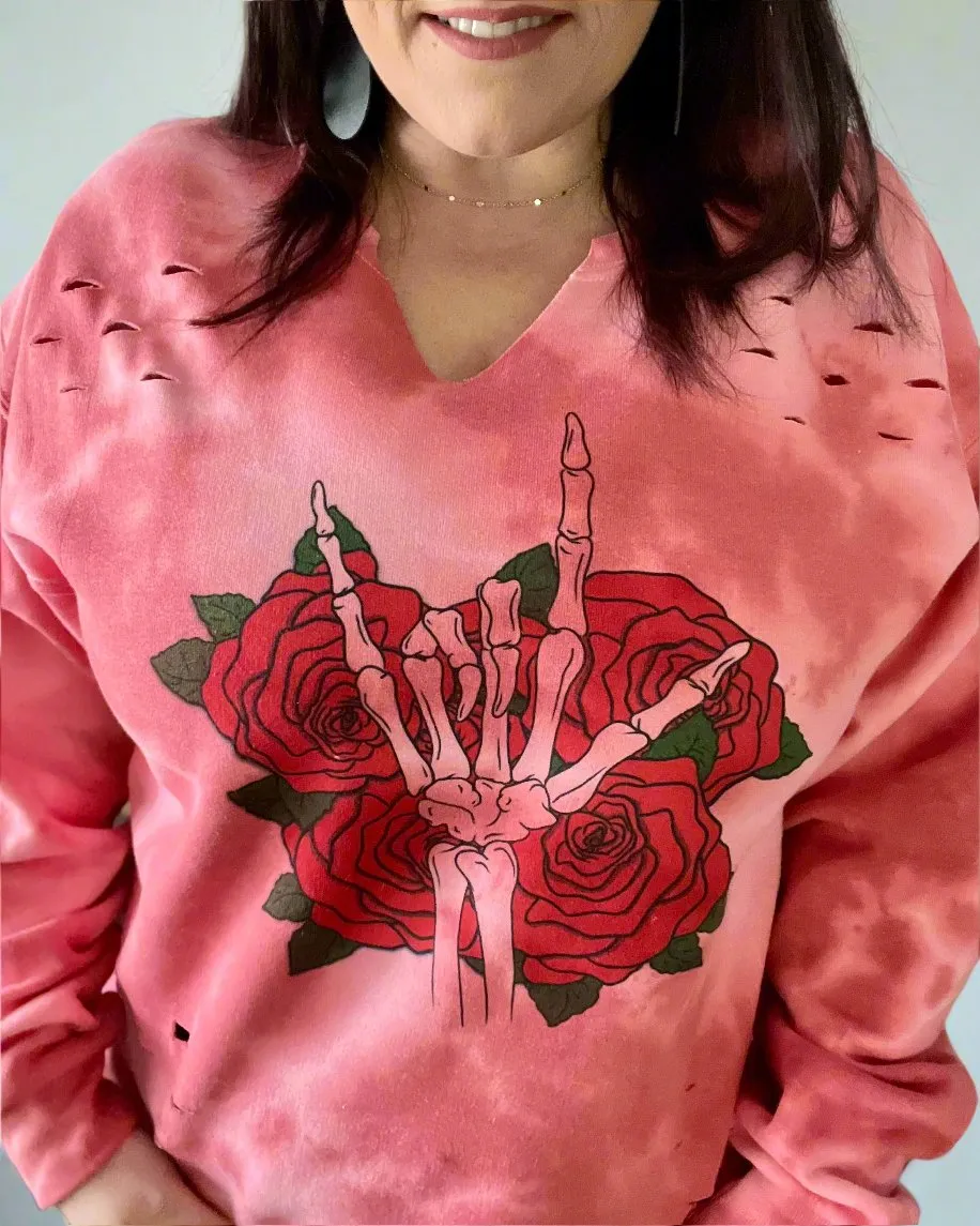 skellie hand roses | distressed v neck sweatshirt