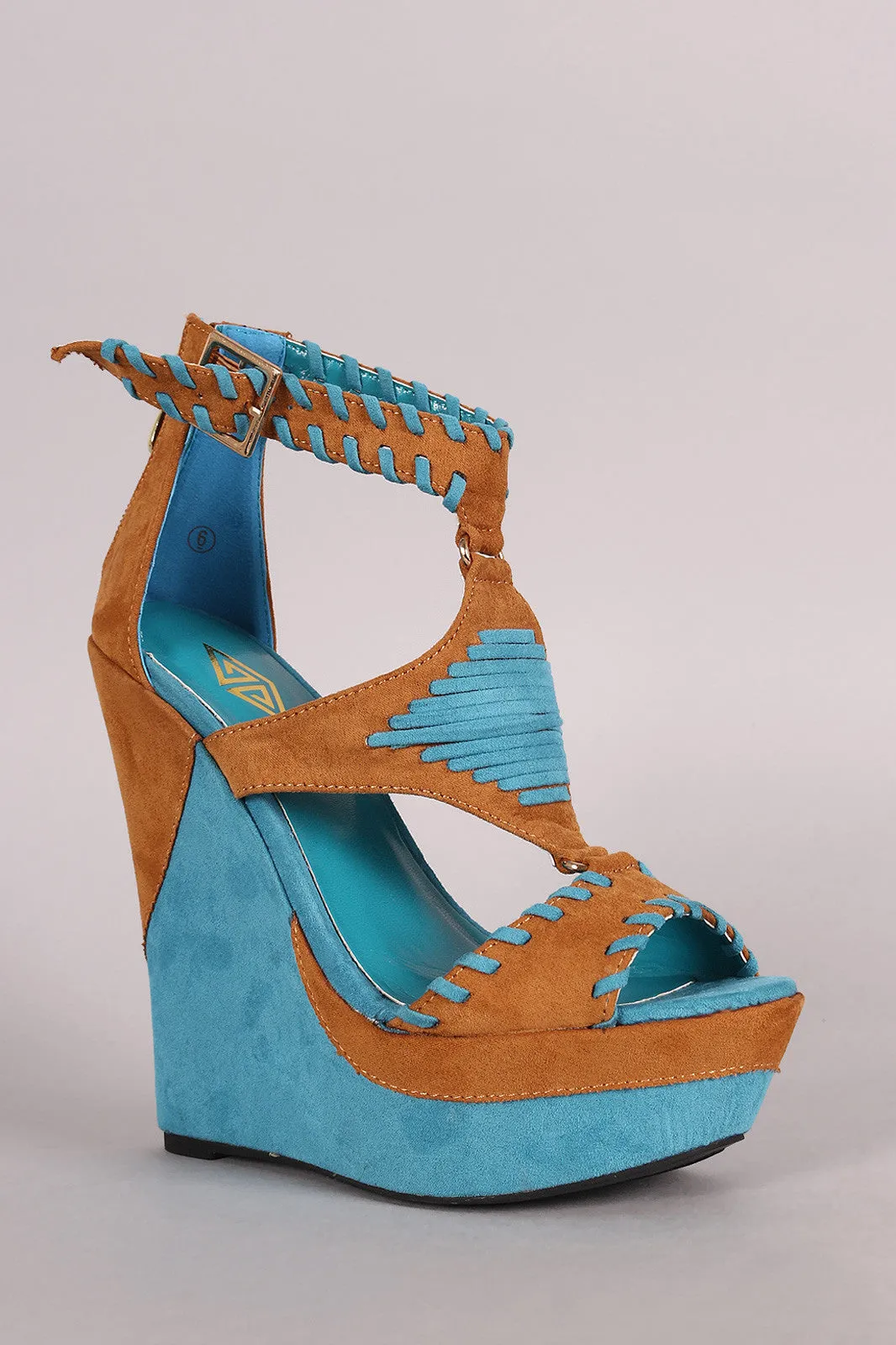 Two Tone Suede Whip Stitched Cutout Platform Wedge