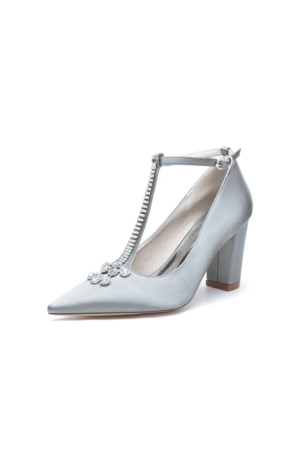 White Leather Pump with Silver Chain and Crystal Accent