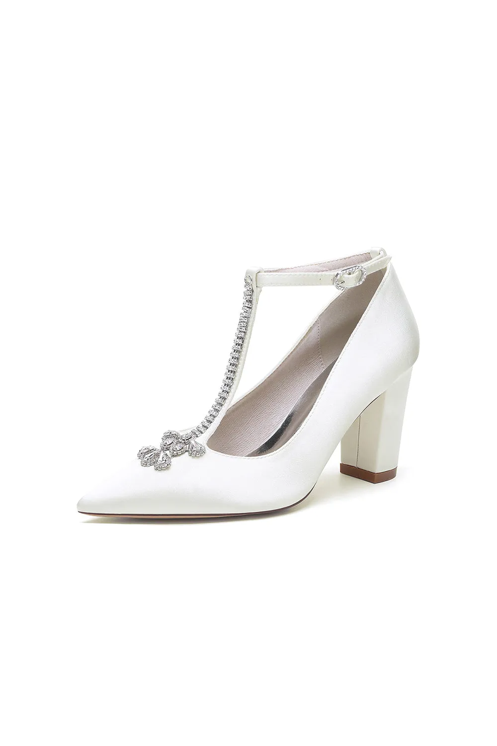 White Leather Pump with Silver Chain and Crystal Accent